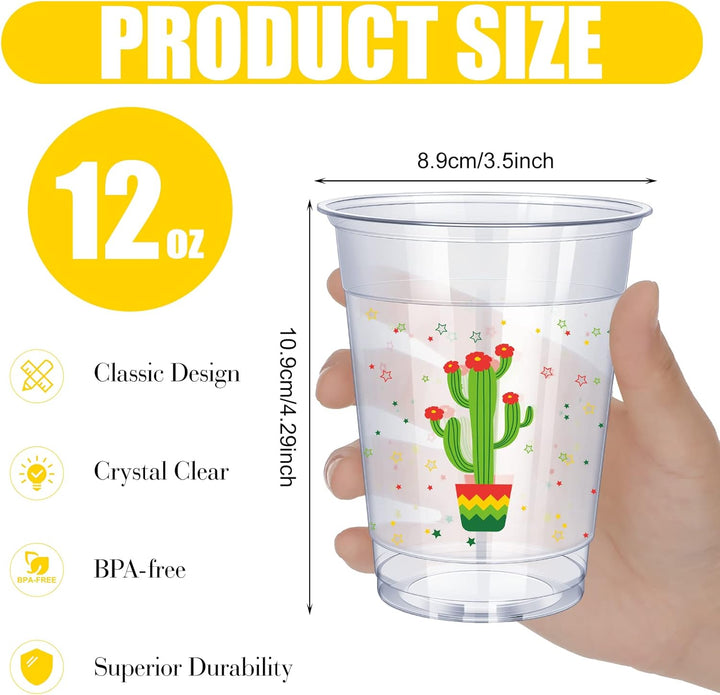 100 Pack 12 Oz Fiesta Cups Plastic Mexican Cups Clear Disposable Mug Cinco De Mayo Party Decorations for Fiesta Taco Birthday Party Drinkware Supplies, 4 Styles