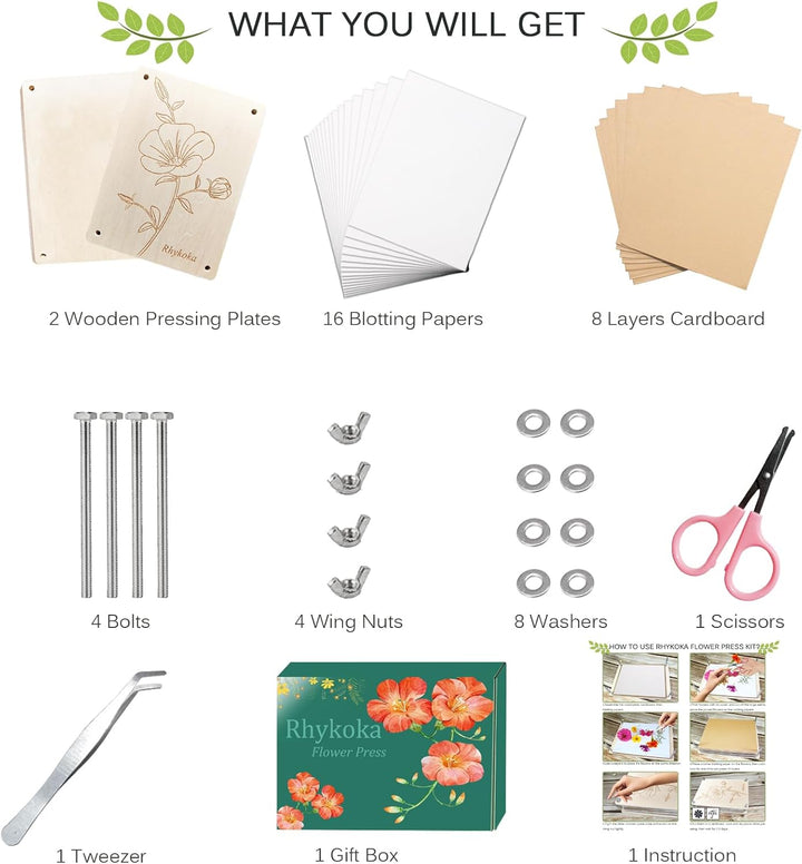 Professional Flower Press, 8 Layers 6.3X8.3 Inch (16X21Cm) Wooden Flower Press Kit/Flower Pressing for Kids Adults, Great Gift for DIY Flowers Lovers (Wooden)