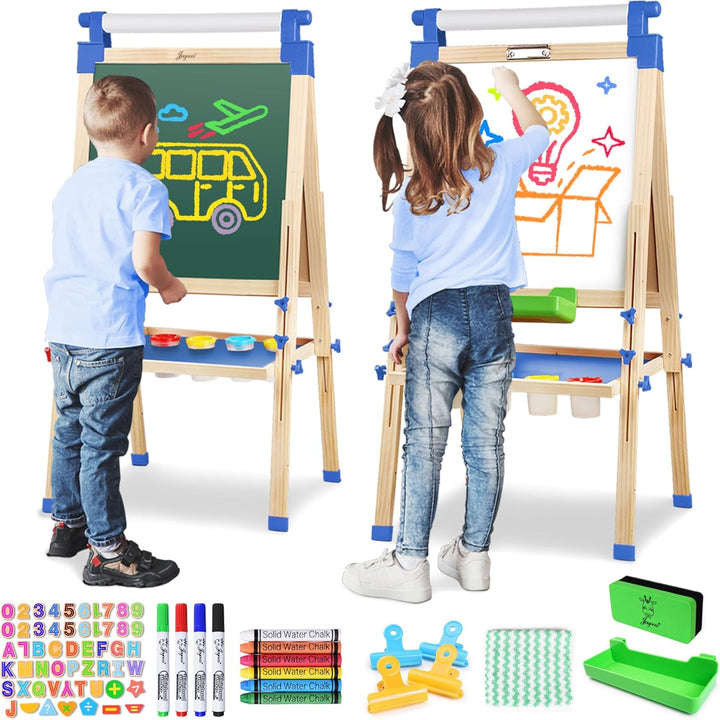 Kids Wooden Easel with Paper Roll - Adjustable Magnetic Double Sided Drawing Board Whiteboard & Chalkboard Dry Easel Board, Children Art Easel for 3~12 Years Kids Boys Girls Painting Drawing