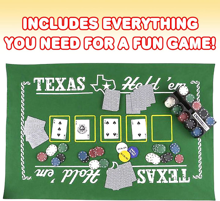 Texas Holdem Poker Game Set - Includes Hold’Em Mat, 2 Card Decks, Chips, Chip Holder and Tin Storage Box - Fun Game Night Supplies - Cool Casino Gift for Kids & Adults