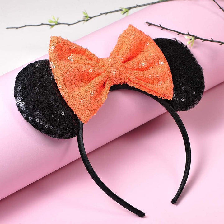 Mouse Ears, Sequin Mouse Ears Headband for Girls Women Halloween Birthday Party (Orange Bow)