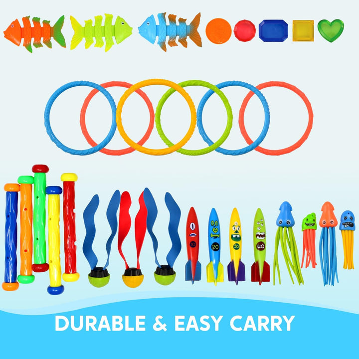 30 Pcs Diving Pool Toys for Kids Ages 3-12 Jumbo Set with Storage Bag Pool Games Summer Swim Water Fishtoys