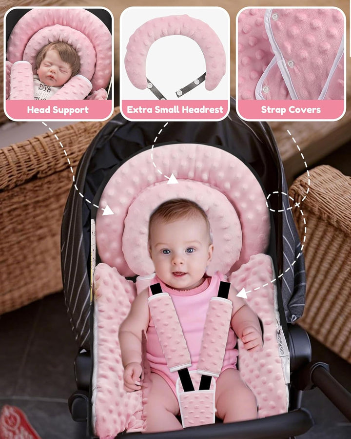 Infant Car Seat Insert with Removable Cushion for Baby Preemie Newborn Infant, Reversible Carseat Insert Head Body Support Fits for Stroller, Baby Swing, Rocker, Bouncer, Bassinet - Pink