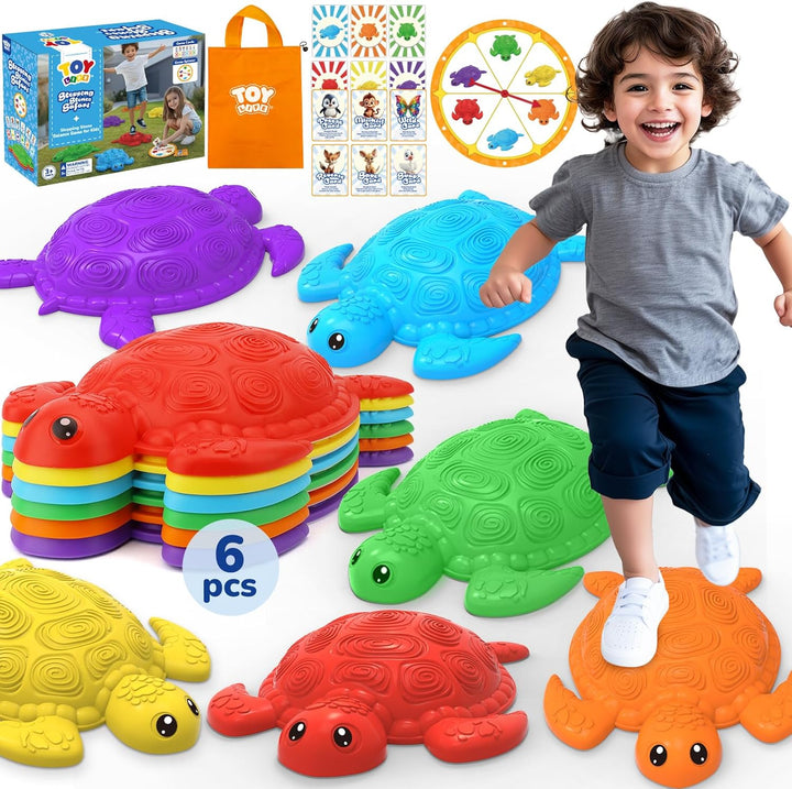 10 Pcs Turtle Balance Stepping Stone for Kids, Indoor outside Toys for Kids Ages 4-8, Toddler Outdoor Toys, Stepping Stones Game, with Cards and Spinner