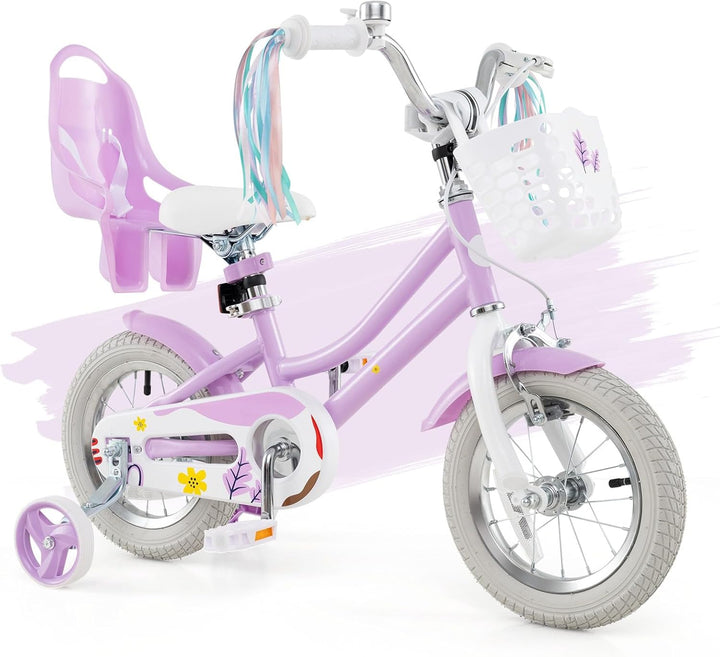 Kids Bike, 12 14 16 18 Inch Girls Bike W/Training Wheels, Doll Seat, Streamers, Handbrake & Coaster Brake, Fully Enclosed Chain, Princess Style Children Bicycle, Gift for Girls 3-8