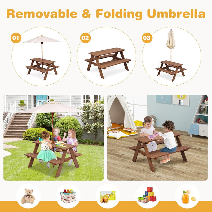 Kids Picnic Table, Outdoor Wooden Bench Set W/Removable Umbrella, Children Backyard Furniture for Patio Garden, Toddler Picnic Table for Outdoors, Gift for Boys Girls, Walnut