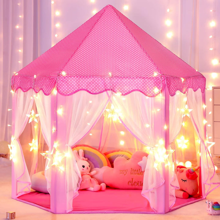 Princess Castle Tent for Girls Fairy Play Tents for Kids Hexagon Playhouse with Fairy Star Lights Toys for Children or Toddlers Indoor or Outdoor Games (Pink)