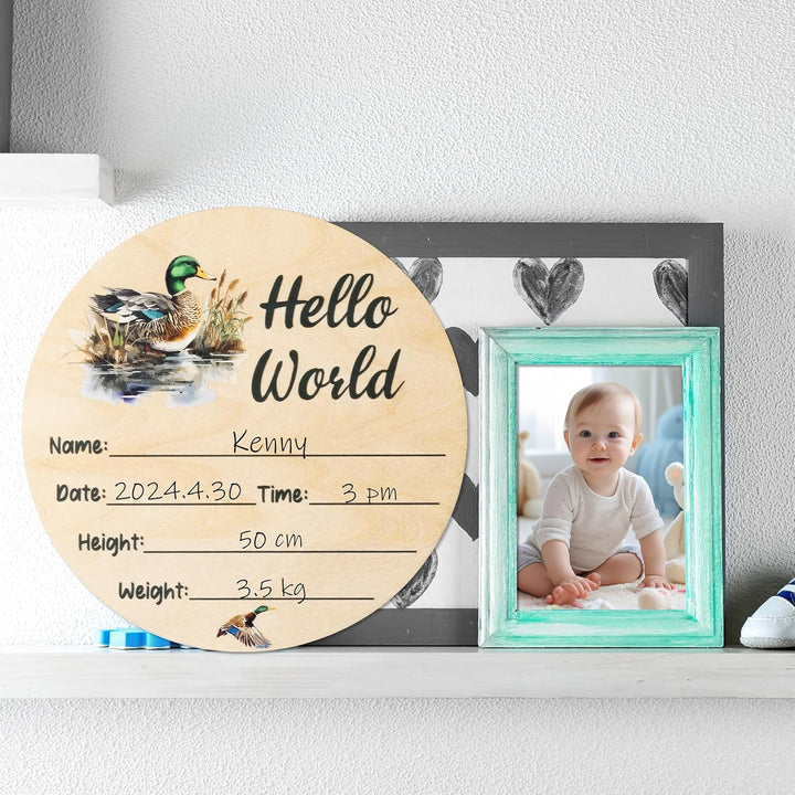 Baby Birth Announcement Sign with Marker Pen, Mallard Duck Baby Name Sign with Ink Pad for Hand and Footprints, Wooden Hello World Newborn Announcement Nursery Decor Keepsake Gifts