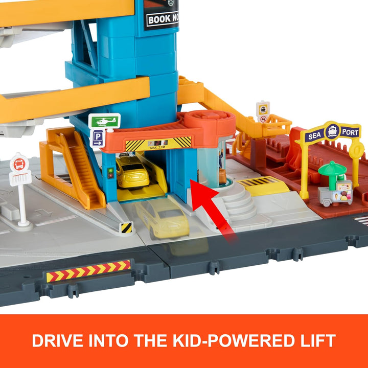Toy Vehicles & Playset, Transportation Center with 5 Levels, Kid- & Car-Activated Features, 1:64 Scale Taxi, Boat & Helicopter & Food Vendor