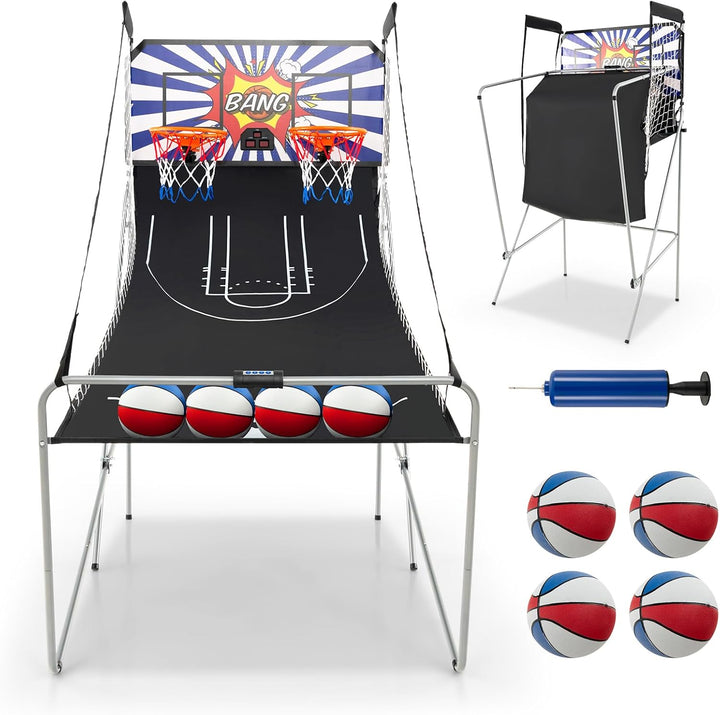 Arcade Basketball Game Indoor Foldable with 8 Game Modes, Arcade Sound, 4 Balls and Inflation Pump, Electronic Basketball Games for All Ages Home