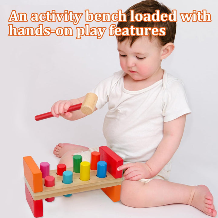 Wooden Hammer Toy for Toddlers 1-3, Montessori Pounding Bench Toy with 8 Pegs and Mallet for Hand-Eye Coordination, STEAM Toddler Toy