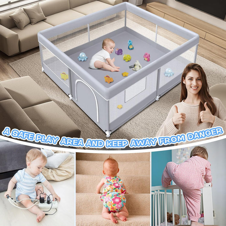 Baby Playpen 50 X 50 Inch Play Pen Playards, Playpen for Babies and Toddlers, Baby Playard for Indoor & Outdoor Active Center Game Fence, with Skin-Friendly Fabric and Soft Breathable Mesh Grey