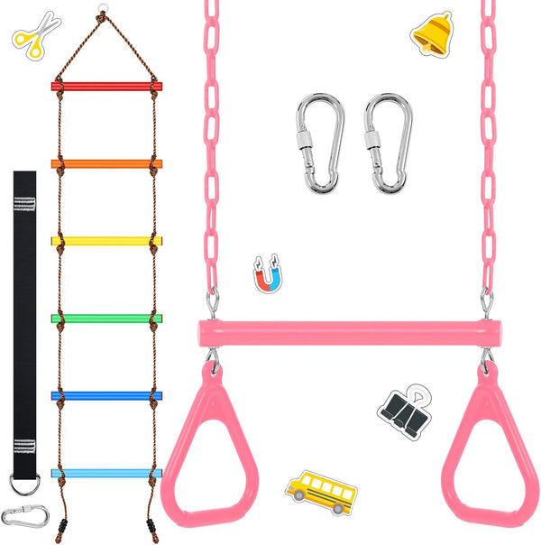 2 Pack Gym Swing Sets 48'' Trapeze Swing Bar Monkey Bar Heavy Duty Chain with Locking 6.8Ft Climbing Rope Ladder Climbing Game for Accessories Tree House Playground Outdoor Play (Pink)