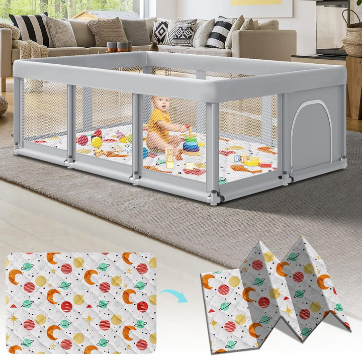 74" ×50" Large Baby Playpen, Baby Playard for Babies and Toddlers, Baby Fence Play Pens for Indoor & Outdoor, Sturdy Safety Play Yard with Soft Breathable Mesh, Anti-Fall, Grey