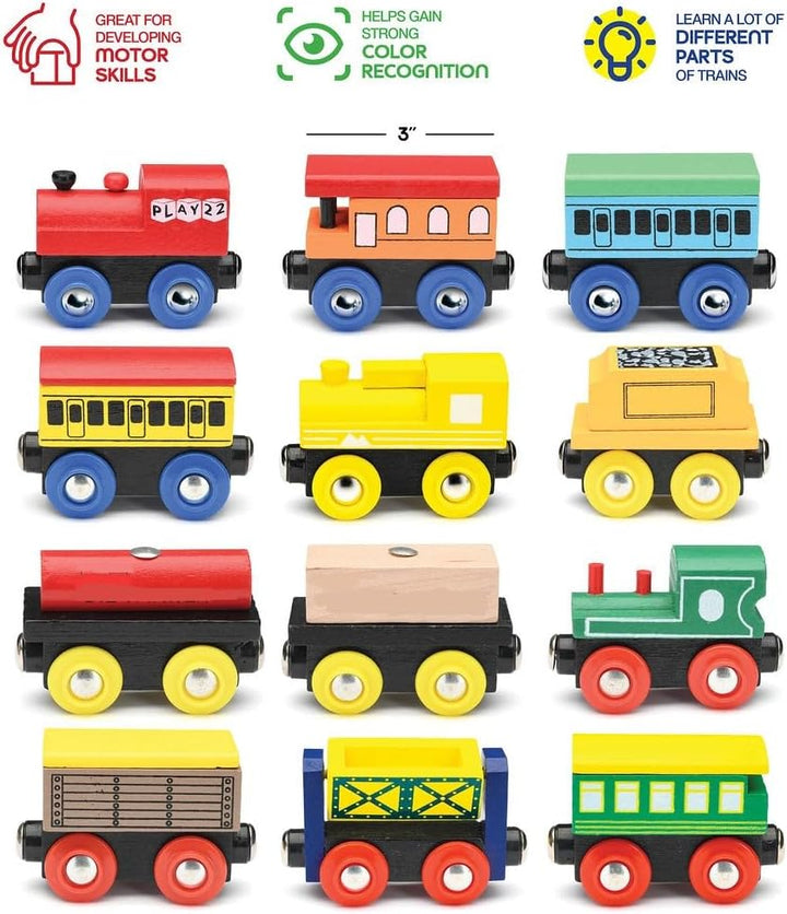 Wooden Train Set 12 PCS - Train Toys Magnetic Set Includes 3 Engines - Toy Train Sets for Kids Toddler Boys and Girls - Compatible with All Major Brands - Original - by