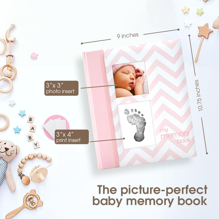 Baby Memory Book, First 5 Years Baby Milestone Book, Pregnancy Journal, Gender Neutral Newborn Keepsake, with Clean-Touch Ink Pad for Baby'S Handprint or Footprint, Pink Chevron