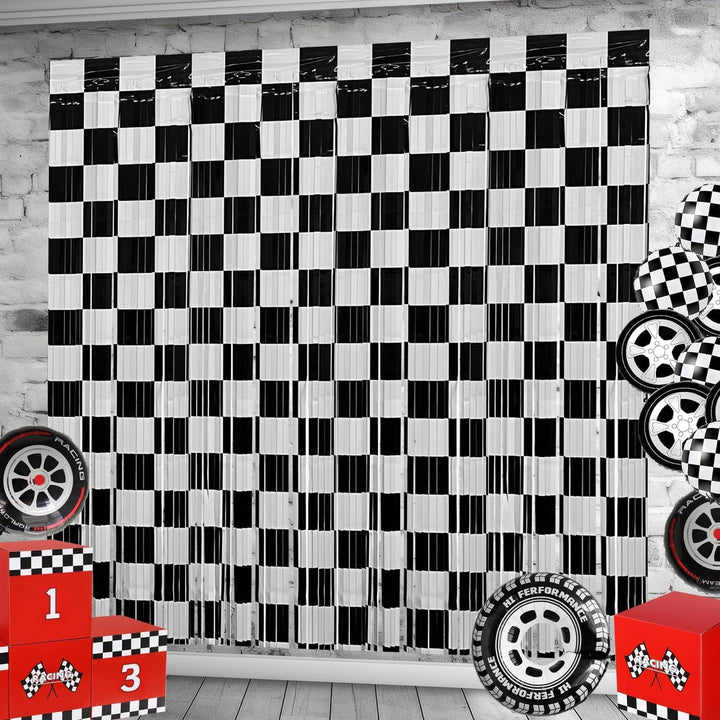 Race Car Foil Fringe Curtains Backdrop Birthday Party Decorations, 2 Pack 3.28 X 6.56 Ft Black White Foil Fringe Curtain Photo Booth Props Racing Car One Happy Dude Birthday Party Decorations