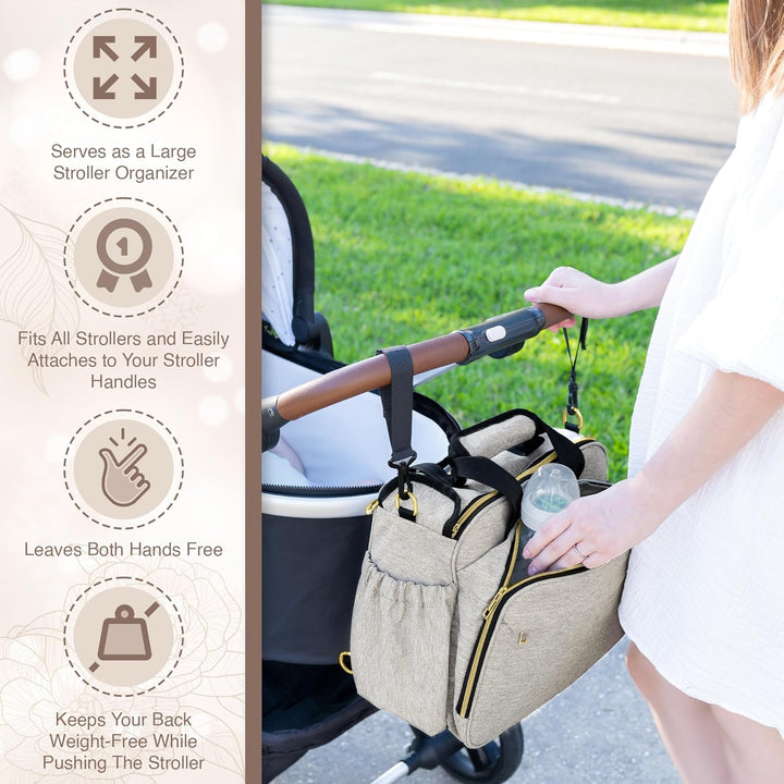 4 in 1 Convertible Diaper Bag Tote for Baby Boys and Girls - Converts into Diaper Backpack, Tote Bag, Stroller Bag and Crossbody Diaper Bag - Beige Baby Travel Bag - Gift for Mom