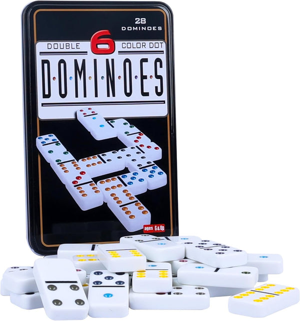 Double 6 Dominos Set for Adults with Tin Box Storage - 28 Tile Colorful Dot Dominoes Games Set for Family Night Gift Travel Game - Classic Party Board Game Ideal for 2-4 Players