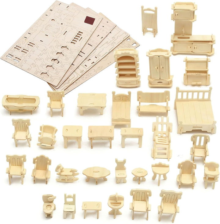 DIY Wooden Dollhouse Furniture Set, 3D Puzzle Miniature Room Accessories, Natural Wood