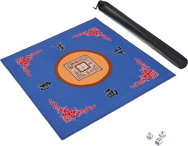 Mahjong Mat with 3 Dice & Carrying Bag, anti Slip and Noise Reduction Mahjong Table Mat for Poker, Card, Board & Tile Games (Blue, 31.5 Inches)