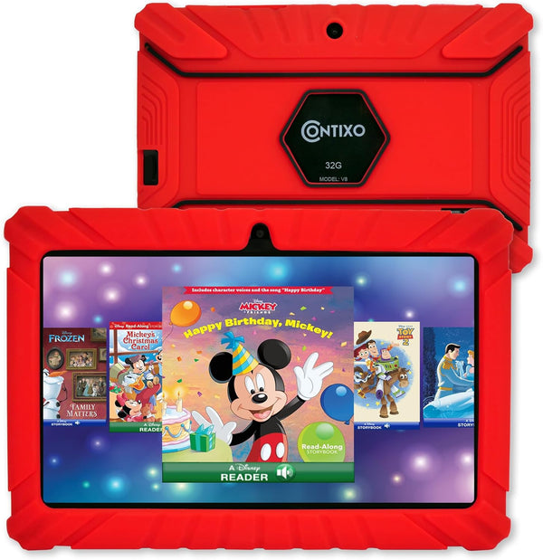 V8 7" Kids Tablet - 32GB Storage, Pre-Loaded Exclusive 50 Disney Storybooks (Value $200), Android, Parental Controls, Durable Kid-Proof Case - Red