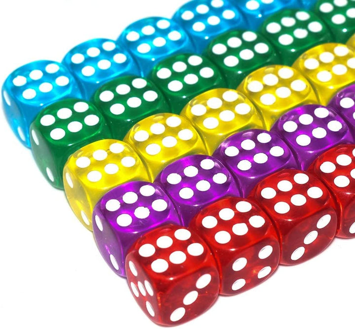 50 of Pack 14MM 6 Sided Dice Set Translucent Colors Dice, with Black Pouch for Board Game