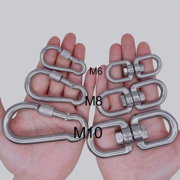 2+1 Heavy Duty 304 Stainless Steel Swivel Ring Double Ended Swivel Eye Hook with SUS304 Snap Hooks for Web Tree Swing, Swing Spinner Hanger, Reliable and Safe (M6)