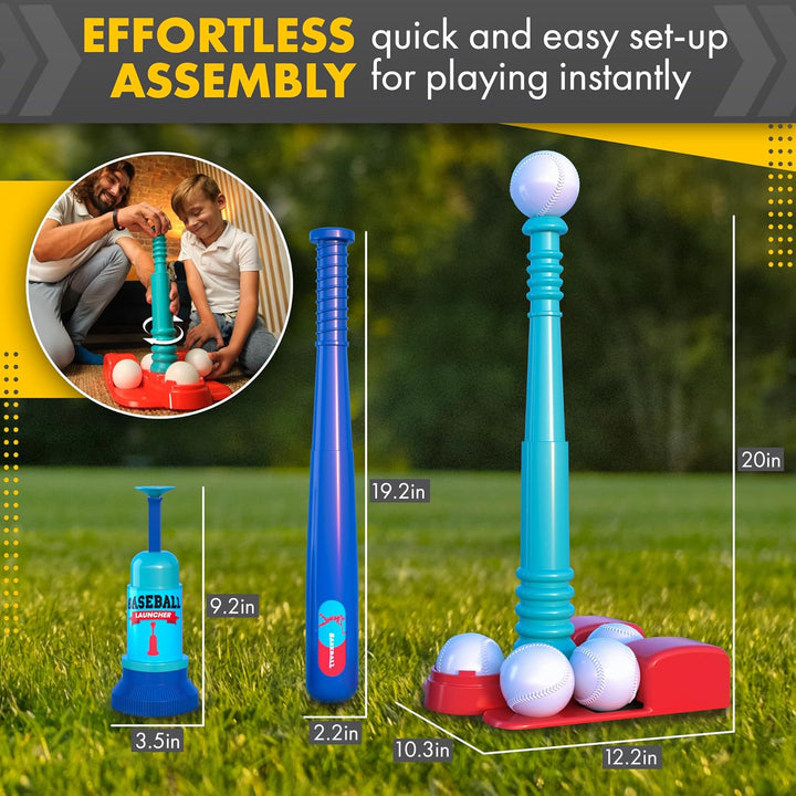 T Ball Stand for Kids and Toddlers 1-3, 3-5, 5-8. Baseball Set with 6 Large Balls, Adjustable Tball Batting Tee, and Pitching Machine. T-Ball Sets with Bat and Ball