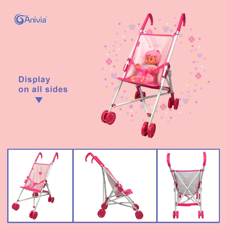 Baby Doll Collection Doll Stroller Heart Design Gifts for Toddlers and Girls Foldable Doll Stroller