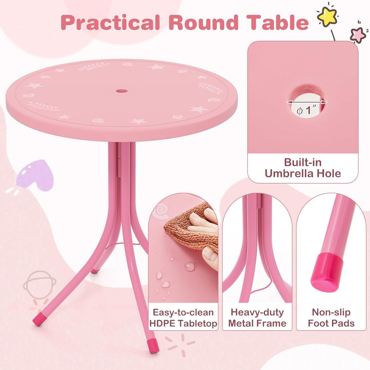 Kids Picnic Table with Umbrella, Kids Outdoor Table with 2 Folding Chairs, Height Adjustable Umbrella, Portable Kids Outdoor Furniture for Backyard, Garden, Patio (Pink)