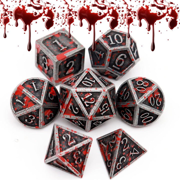 Bloodstained Metal DND Dice Set Blood Polyhedral D&D Dice Compatible with Dungeons and Dragons Gift TTRPG Antique Metal Halloween Dice