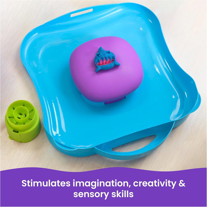 , Squishmotion with 1Lb Pink, Yellow & Blue Play Sand, Stamper & 5 Tools, Storage Case, Sensory Toys for Kids Ages 5 and Up