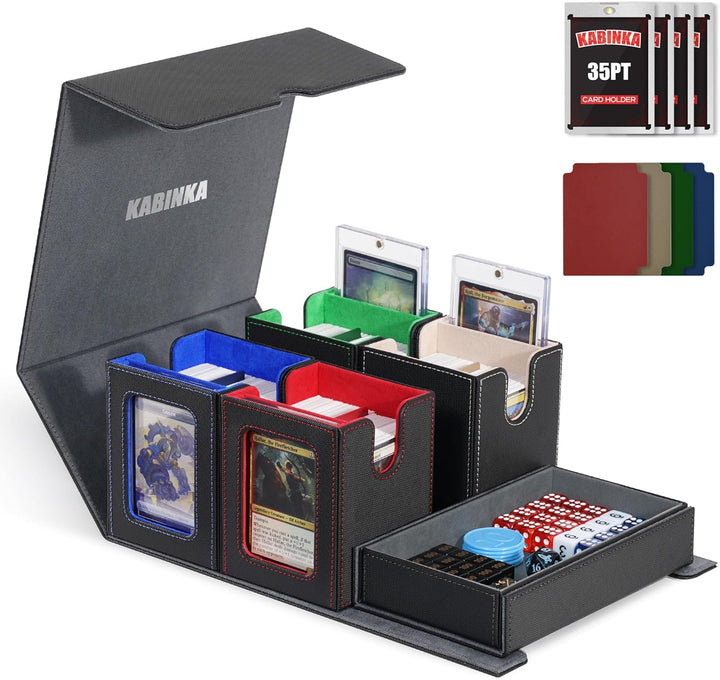 Card Deck Box for MTG with Commander Display, 5 in 1 Card Storage Box Fits 400+ Double-Sleeved Cards, Removable Deck Case for Tcg/Sports Cards with Dice Tray, 4 Magnetic Card Holders (Black Purple)