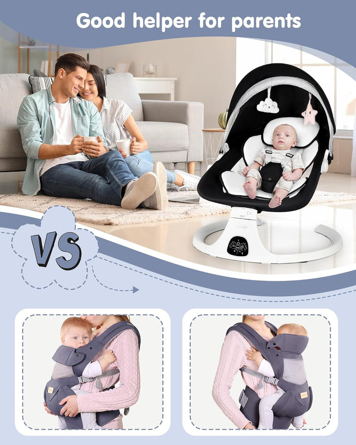 Electric Baby Swings for Infants to Toddler Baby Swing with 5-Speed 3-Seat Positions 5-Point Carabiner,With Bluetooth Music 10-Preset Melodies (Black White)