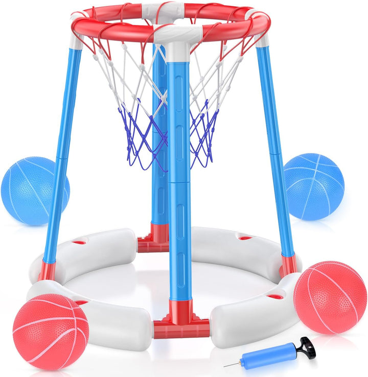 Pool Basketball Hoop with Backboard, Floating Pool Toy with 4 Balls and Pumps, Pool Basketball Game Outdoor Toy for Kids Adults Family Party Water Summer Toys (Red) (Blue-With Board)