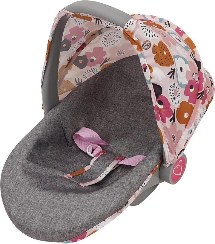 Crew: Melange Flora - 3-In-1 Doll Car Seat - Accessory for Dolls up to 18", Portable Toy, Transforms to Lounge Seat, Retractable Canopy, Kids 3+