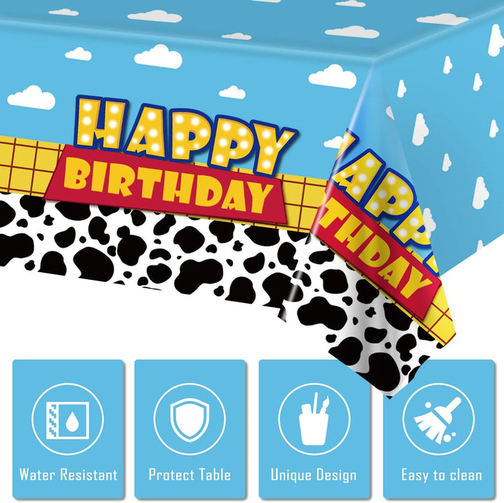 3 Pack Cartoon Story Birthday Party Supplies Cow Pattern Printed Table Cover Blue Sky and White Cloud Tablecloths Cow Birthday Party Decoration for Boy Girl Kid Birthday Party Decor 54 X 108 Inch