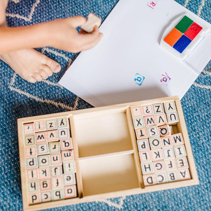 Wooden Alphabet Stamp Set - 56 Stamps with Lower-Case and Capital Letters Preschool Writing Toys, ABC Stamps, Kids Arts & Crafts, Letter for Kids Ages 4+