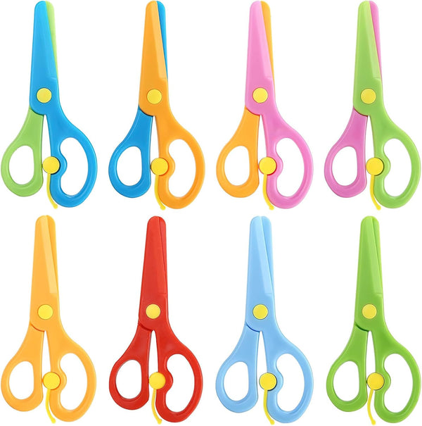 Kids Safety Scissors, 8 PCS Blunt Tip Scissor Skills Preschool Training for Kids & Children, Anti-Pinch Design, Child Hand-Eye Coordination Development, Playdough Tools Cutting Activity