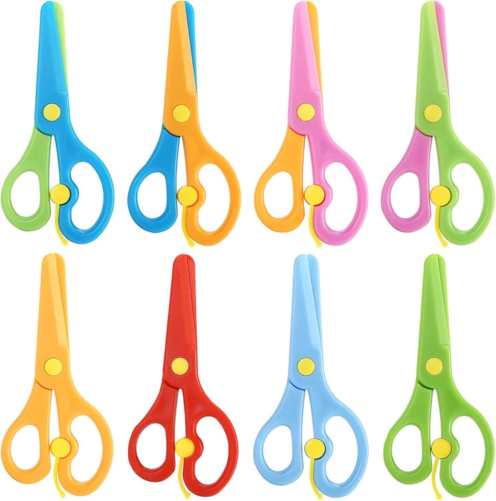 Kids Safety Scissors, 8 PCS Blunt Tip Scissor Skills Preschool Training for Kids & Children, Anti-Pinch Design, Child Hand-Eye Coordination Development, Playdough Tools Cutting Activity