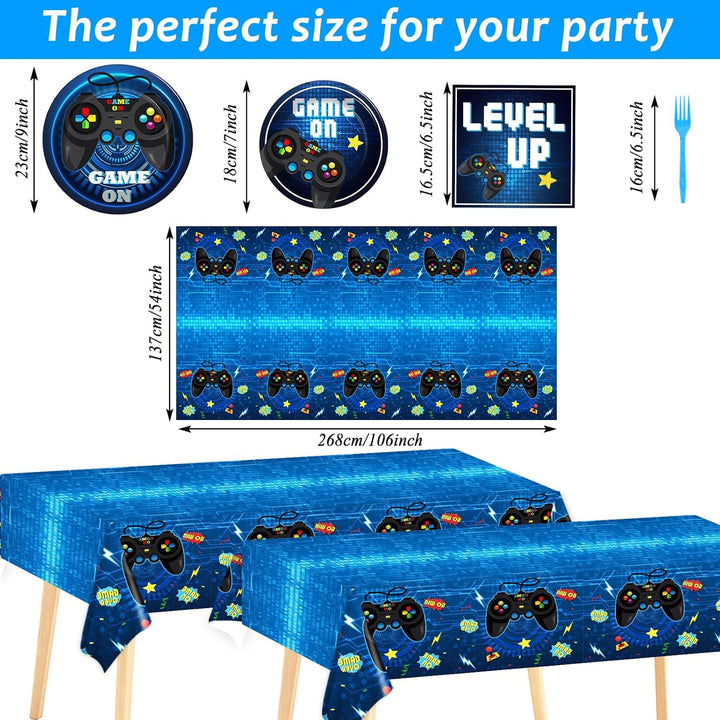 Video Game Party Supplies Tableware Set for 24 Guests - Gaming Birthday Plates, Blue Gamer Decorations Includes Plates, Napkins, Tablecloths