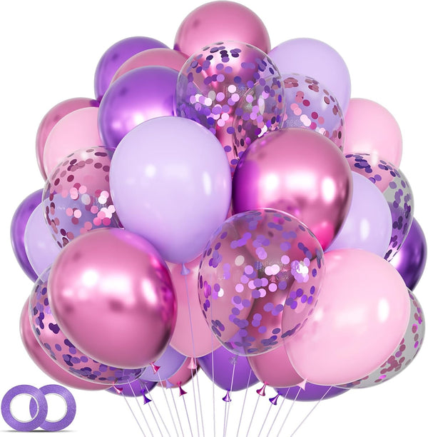 68Pcs Pink and Purple Balloons, 12 Inch Metallic Purple Pink Latex Balloon Confetti Ballons with Ribbons Party Balloons for Wedding Girls Birthday Baby Shower Decorations.