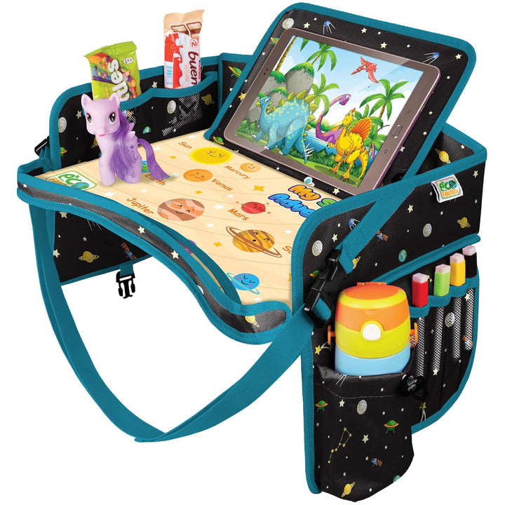Kids Travel Tray - Waterproof Lap Table with No-Drop Large Tablet Holder - Car Seat Tray - Road Trip Essentials Kids - Car Desk Organizer for Airplane - Toddler Travel Essentials (Pink)