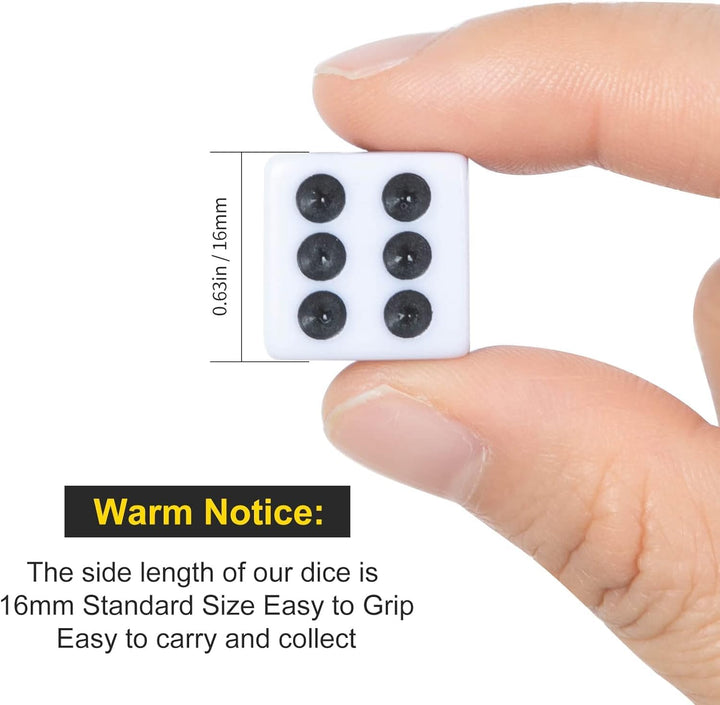 50 Pack 16MM White Dice - Six Sided Standard Opaque White Dice with Black Pips Dots for Board Games