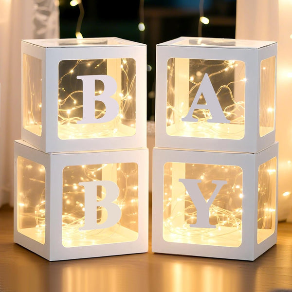 Baby Boxes with Letters for Baby Shower Decorations, 4 Pcs Clear Baby Balloon Boxes Blocks Decor with LED Fairy String Lights for Boy Girl Gender Reveal Decorations Backdrop Party (White)