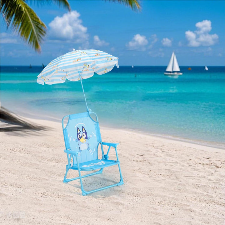 Bluey Kids Outdoor Folding Beach Chair with Umbrella,Portable Camp Chair for Ages 3+, Lightweight & Compact for Beach, Camping, and Backyard
