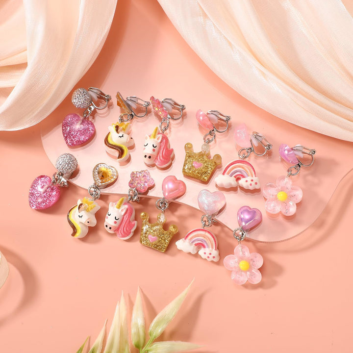 6 Pairs Clip on Drop Earrings, Colorful Non-Pierced Clip on Earrings Resin Rainbow Crown Flower Heart Clip on Earrings Ear Clips for Girls Kids Toddler Dress up Princess Jewelry Accessories