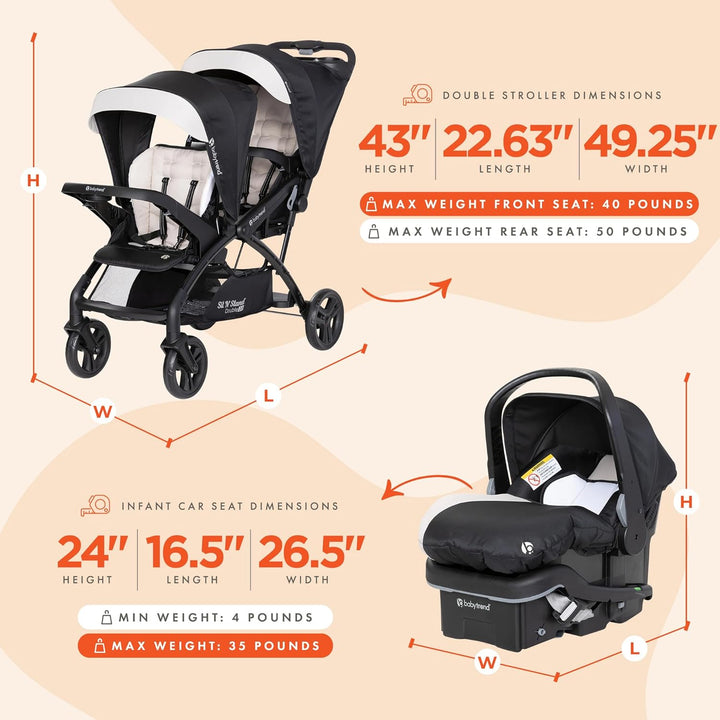 Sit N' Stand Tandem Double Stroller 2.0 DLX and Ez-Lift plus Car Seat Set with 5 Point Safety Harnesses and Cozy Cover, Modern Khaki