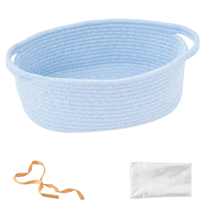 Gift Basket with Wrap Bag & Ribbon – Empty Small Woven Basket (12"X8"X5"), Cute Decorative Storage Organizer for Baby Showers, Pets, Toys, Shelves and More – White